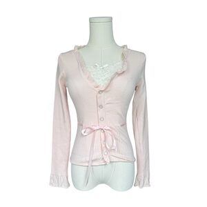 CutieKill Pink Dollette Soft Top lace trim bow tie knit pink long sleeve S